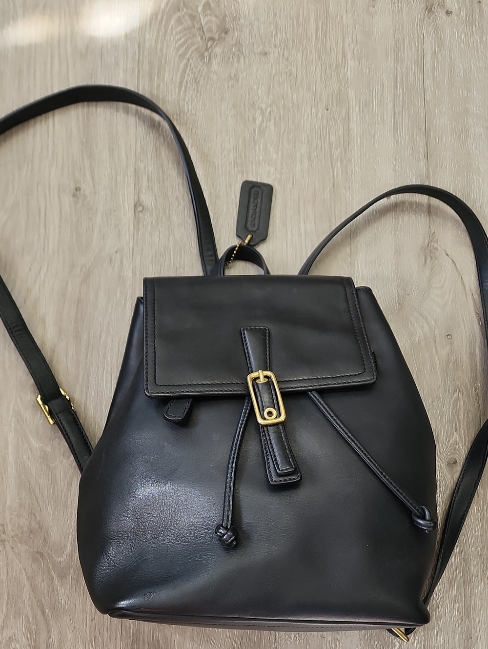 Coach Black Leather Drawstring Flap Backpack with VINTAGE 9858